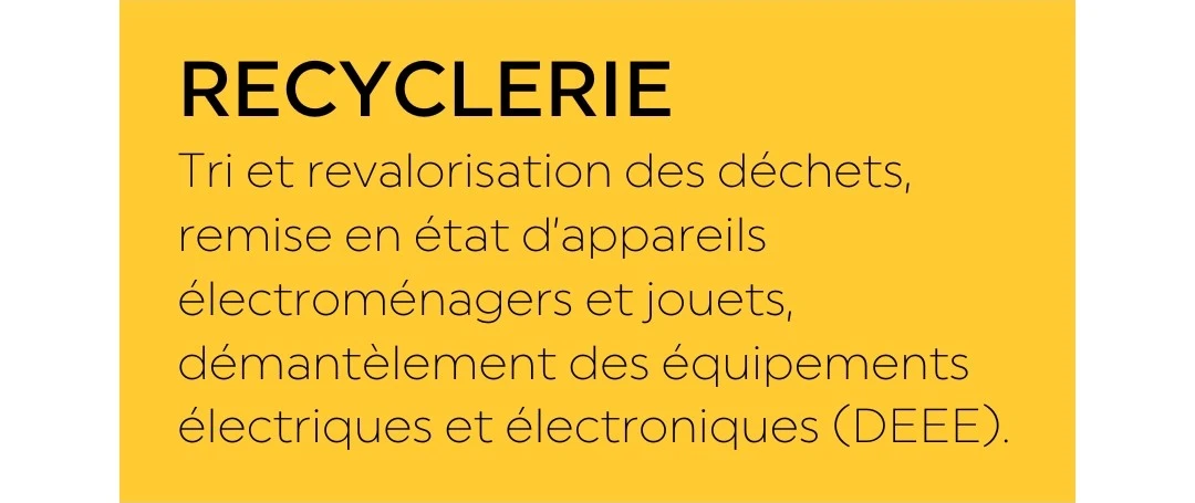 Recyclerie : tri et revalorisation des déchets, remise en état d'appareils électroménagers et jouets, démantèlement des équipements électriques et électroniques (DEEE)