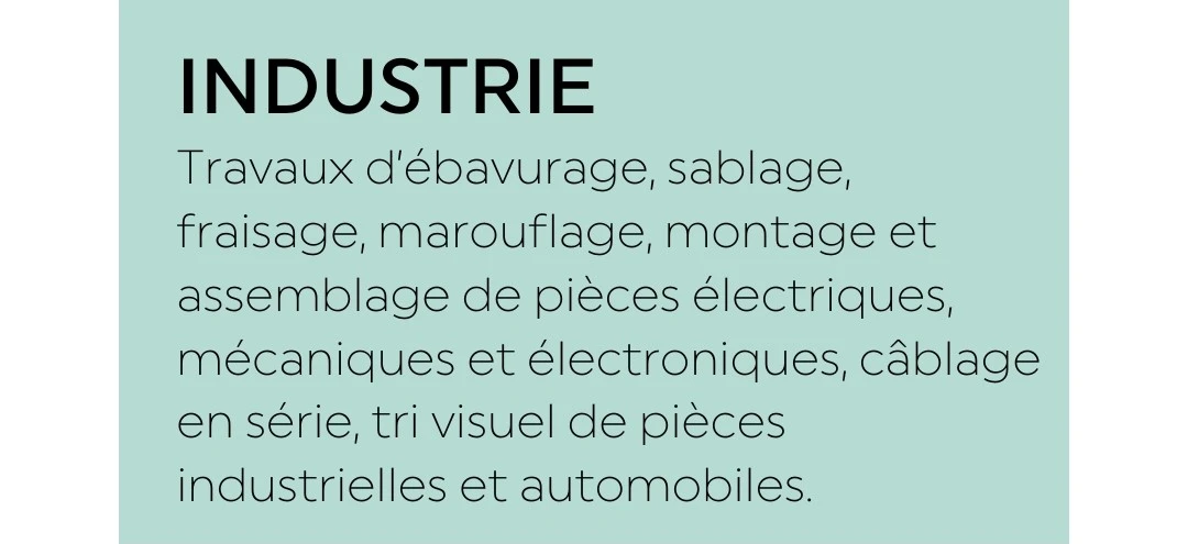 Industrie : travaux d'ébavurage, sablage, fraisage, marouflage, montage et assemblage de pièces électriques, mécaniques et électroniques, câblage en série, tri visuel de pièces industrielles et automobiles